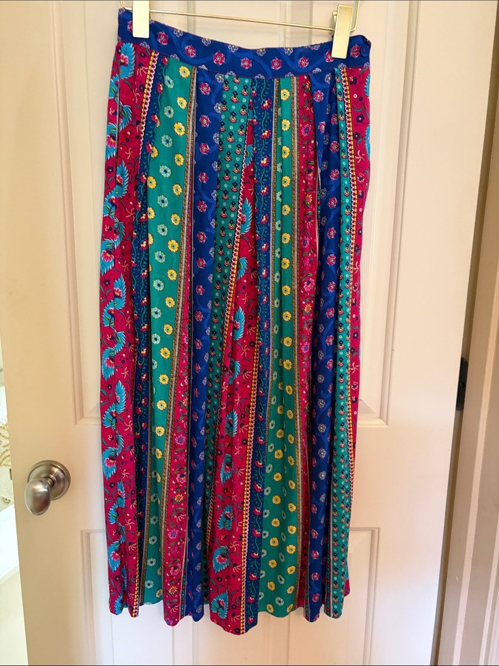 Bohemian Midi Skirt in Blue, Teal & Pink - Floral Stripe